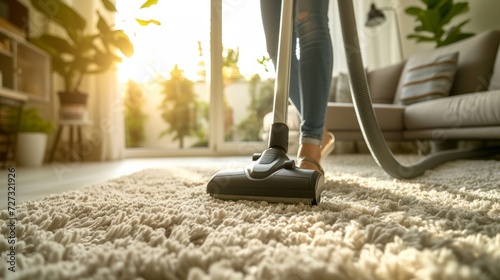 A woman vacuums a carpet with fluffy light pile in a modern cottage.