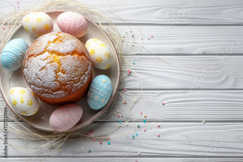 Easter cake and painted eggs on a wooden background, top view, text space
