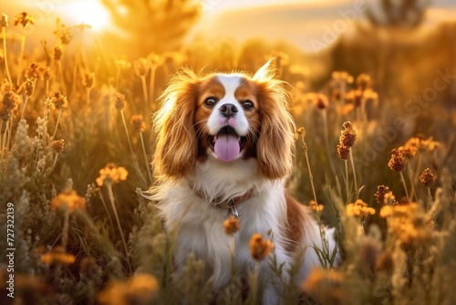 Cavalier king charles spaniel dog sitting in meadow field surrounded by vibrant wildflowers and grass on sunny day ai generated © stocksbyrs