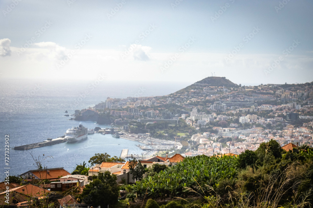 panoramic view over funchal and monte from cable car, aerial view, madeira, portugal, sea, mountains