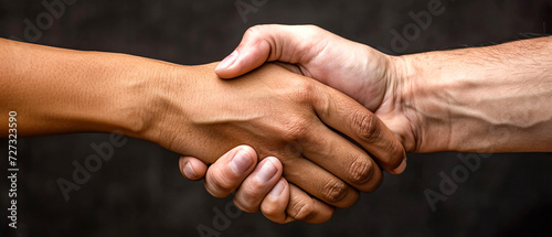 Two multiracial people shaking hands. Business meeting. Great design for any purposes. Dark background. Banner.