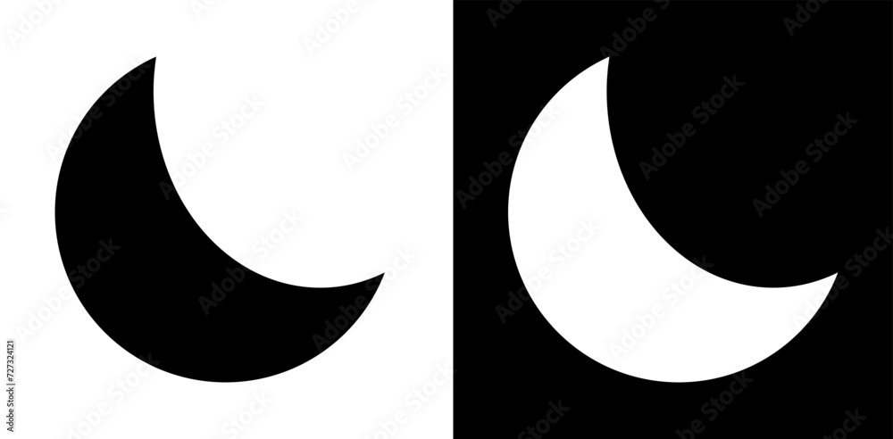 Set in bianco e nero con una luna stilizzata crescente su sfondo bianco e su sfondo nero - obrazy, fototapety, plakaty 