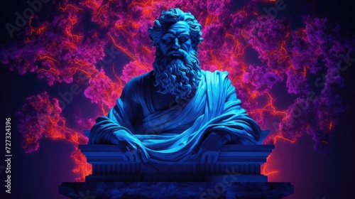 Greek philosophical figures immortalized in statues, enhanced by the glow of neon lights, creating a captivating fusion of the past and present.