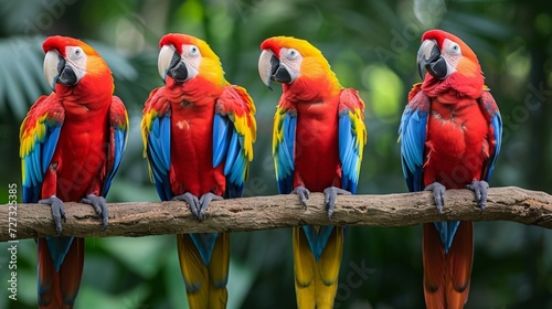 colorful exotic parrots perched on branches. © olegganko