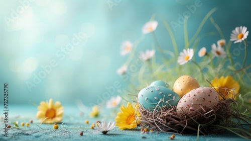 Vibrant Easter Scene: Colorful Eggs Nestled in Spring Grass with Golden Light