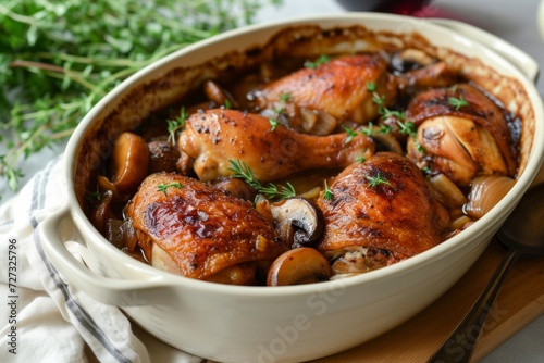 Coq au Vin: A rich, rustic stew featuring chicken simmered in red wine with mushrooms and onions.