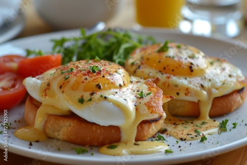 Classic eggs Benedict with velvety hollandaise sauce, atop English muffins, a gourmet delight. © olegganko
