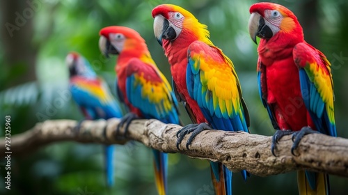 colorful exotic parrots perched on branches.