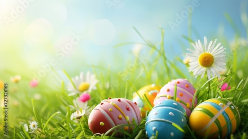 Luminous Easter Morning: Decorative Eggs and Spring Flowers on a Glowing Green Field With Open Copy Space for Text