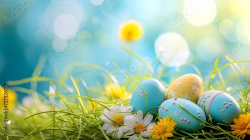 Luminous Easter Morning: Decorative Eggs and Spring Flowers on a Glowing Green Field With Open Copy Space for Text