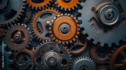 Gears, cogs, and mechanical parts interlocking, symbolizing the synergy of industrial machinery