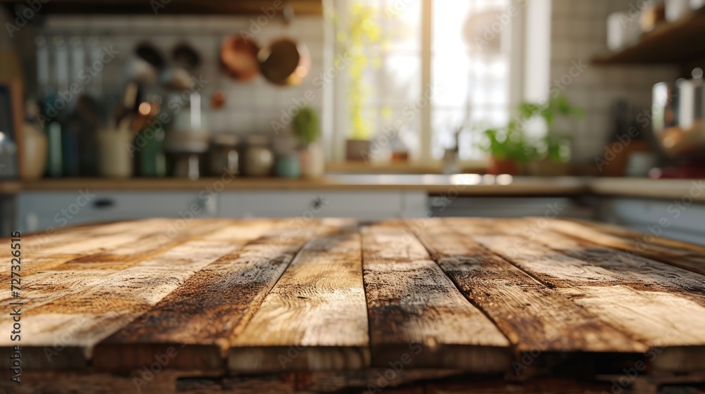 Wooden table on blurred kitchen bench background, Advertisement, Print media, Illustration, Banner, for website, copy space, for word, template, presentation