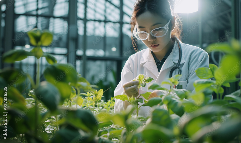 nutritionist checking the sample in the greenhouse. scientist wearing white lab coat control plant in the indoor farm.