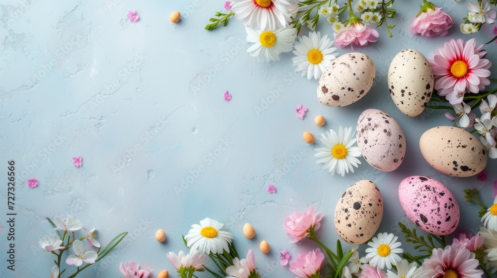 Easter Celebration: Decorated Eggs Nestled Amongst Spring Flowers on Soft Blue Backdrop With Open Copy Space for Text 
