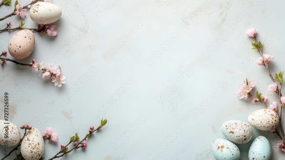 Pastel Easter Fantasy: Decorated Eggs and Soft Florals on a Dreamy Blue Canvas with Open Copy Space for Text