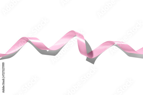 Pink silk ribbon on a white background. Isolated. Top view.