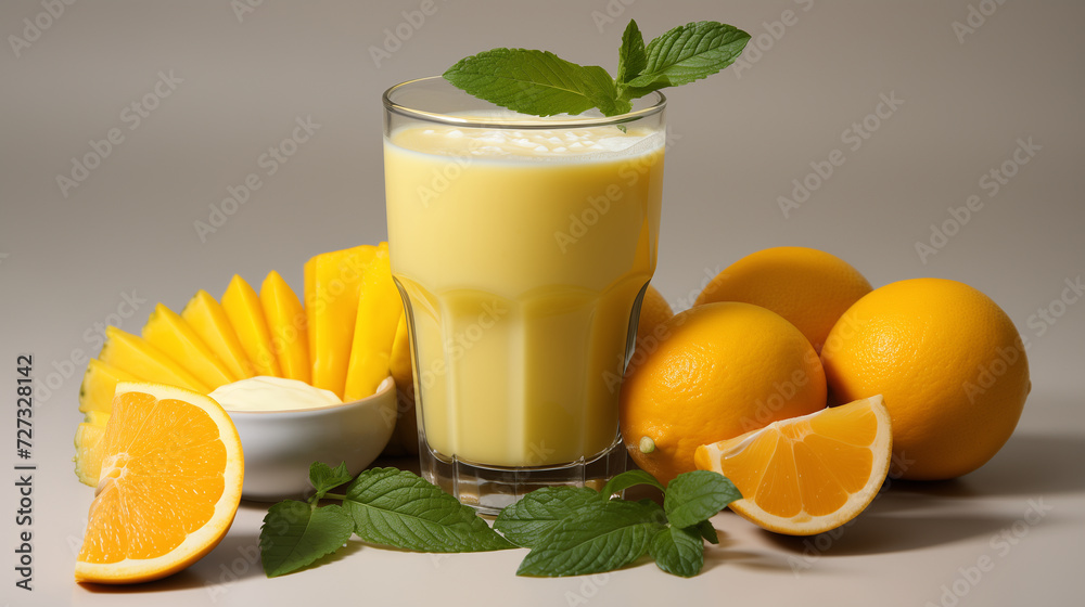 Fototapeta premium Tropical Refreshment: A Luscious Orange Smoothie Surrounded by Fresh Citrus