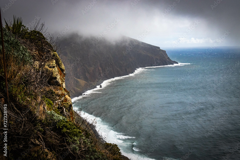 cliffs of Ponta do Pargo, most western point of madeira, island, volcanic, atlantic ocean, portugal, europe, cloudy
