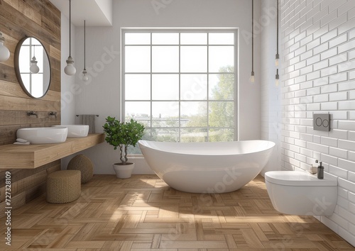 Indulge in a luxurious spa-like experience in this stunning bathroom  featuring a marble tub and flooring  modern plumbing fixtures  and a large window that fills the room with natural light