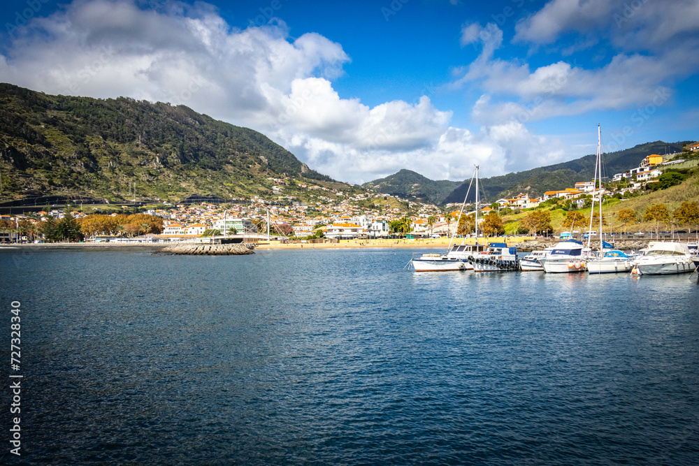 harbour of Machico town, madeira, island, volcanic, mountains, portugal, europe