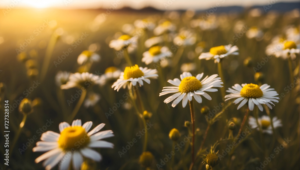 Chamomile field at sunset or dawn
