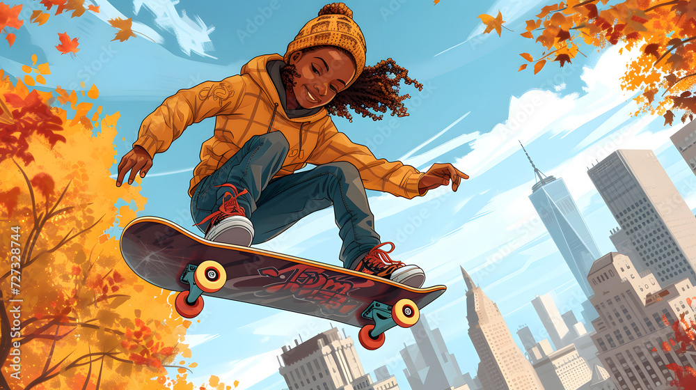 Youthful Skateboarding in Autumn City. Generative AI