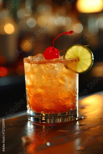 Mai Tai: A fruity concoction with light and dark rum, lime juice, orgeat syrup, and a cherry garnish.