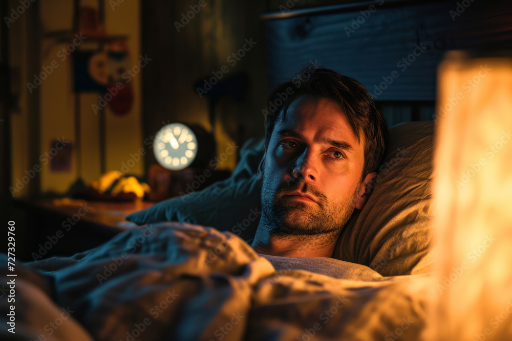 Tired man with insomnia lying in bed at night with worried expression, nightstand clock glowing, concept of anxiety, mental health and overthinking