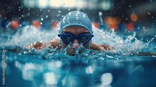 A focused swimmer gliding through water in a pool