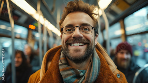 Man smiling on public transport with passengers in background.