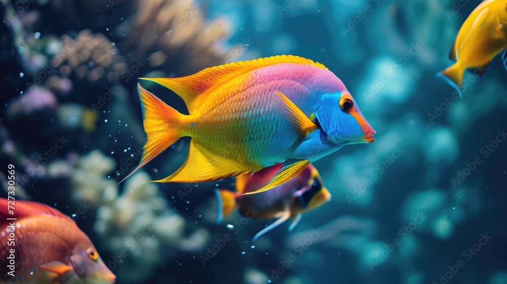 Tropical fish swimming in an aquarium. Underwater world Tropical fish swimming in an aquarium. Underwater world