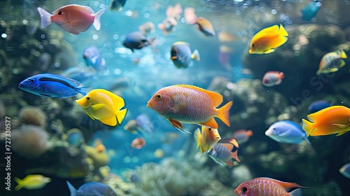 Underwater world aquarium with many colorful tropical fishes. Aquarium background