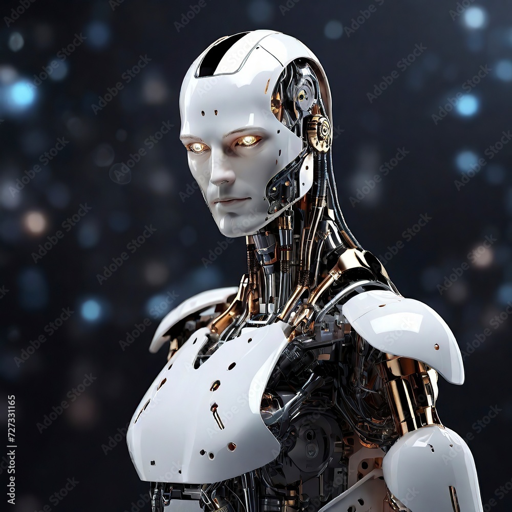 Free photo 3d rendering humanoid robot working with future digital graphic interface on dark background