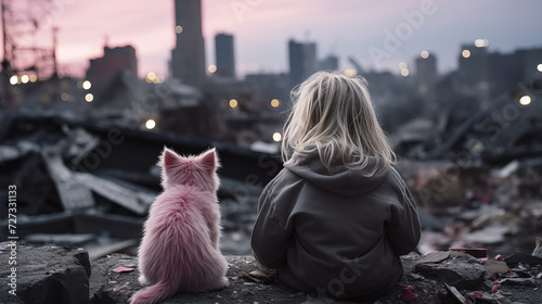 a cute little girl sitting next to a cat in an apokalyptic sad world photo