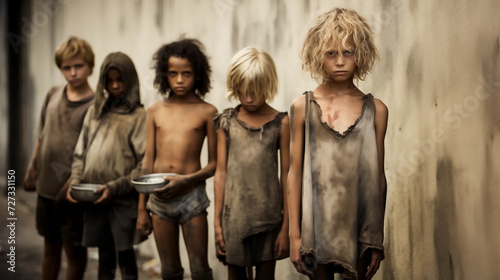Homeless, hungry orphan children begging for food