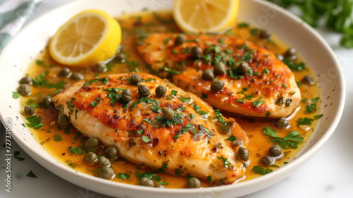 Chicken piccata with lemon and capers garnished with parsley.