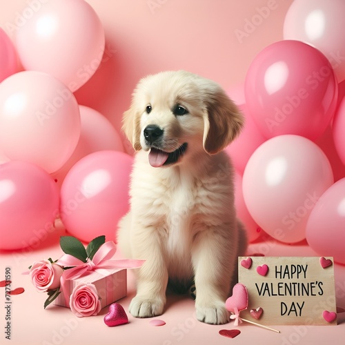 Cute dog puppy with valentine background. Cute Golden Retriever puppy with gift box and pink balloons on pink background photo