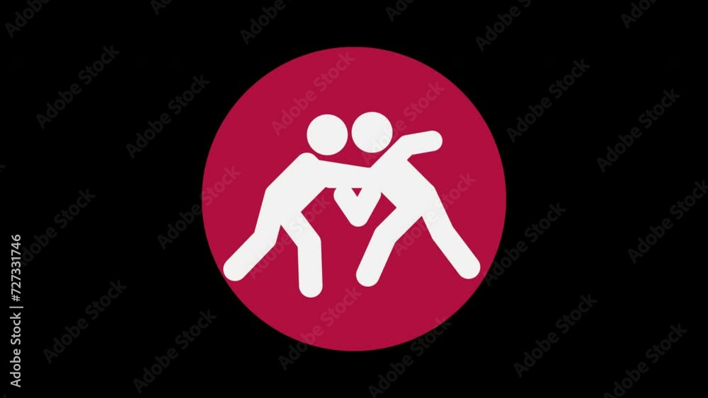 Pictograma de los Juegos Olímpicos en el centro con el deporte lucha con alpha en un circulo rojo