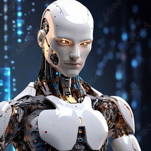 Free photo 3d rendering humanoid robot working with future digital graphic interface on dark background