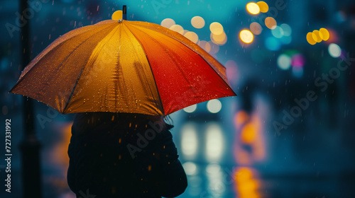 Photgraph of person standing in the rain holding an umbrella. In a city street with background of street lighting. photo