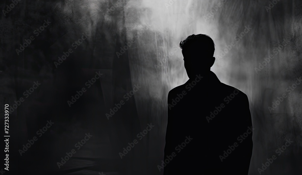 A silhouette of a man engulfed in darkness, surrounded by smoke and steam, evoking mystery and intrigue.