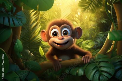 Cute Cartoon Monkey Character in a Jungle
