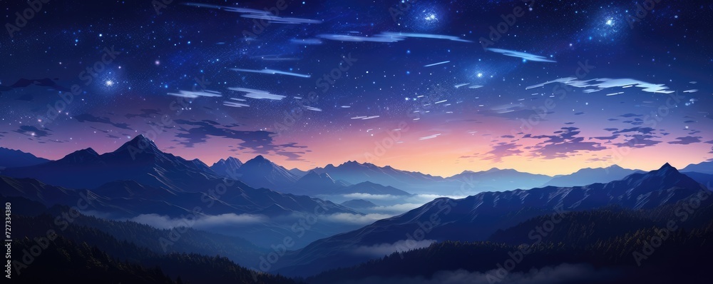 Landscape view on falling stars perseids, clear dark night sky, panorama banner. Generative Ai. Landscape view on falling stars perseids, clear dark night sky, panorama banner. Generative Ai.