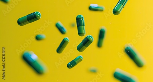 The bold contrast of capsule pills against a yellow background, signifying medical treatment and the importance of pharmacy medicaments.