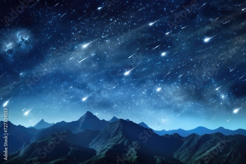 Landscape view on falling stars perseids, clear dark night sky. Generative Ai. © annamaria