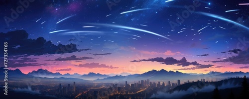 Landscape view on falling stars perseids, clear dark night sky, panorama banner. Generative Ai.