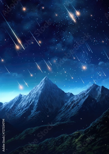 Landscape view on falling stars perseids, clear dark night sky. Generative Ai.