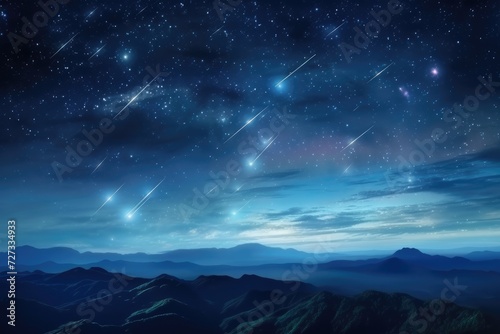 Landscape view on falling stars perseids  clear dark night sky. Generative Ai.