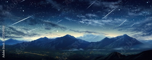 Landscape view on falling stars perseids, clear dark night sky, panorama banner. Generative Ai. © annamaria