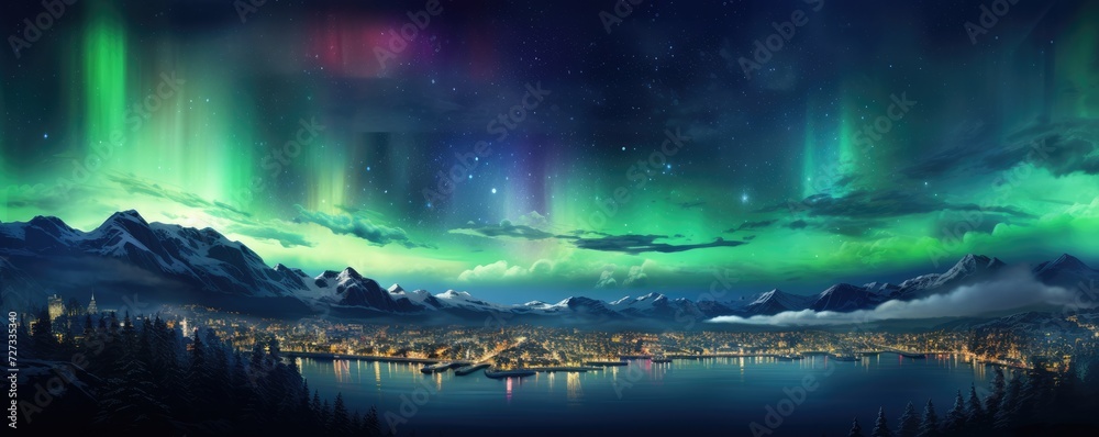 Landscape view on falling stars perseids, clear dark night sky, panorama banner. Generative Ai. Landscape view on falling stars perseids, clear dark night sky, panorama banner. Generative Ai.